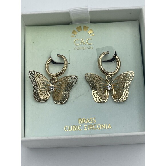 C & C California Gold Tone CZ 3D Dangle Butterfly Earrings New - Picture 2 of 7